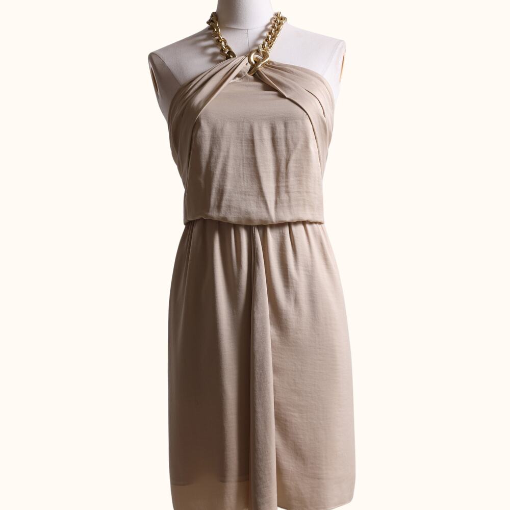 BCBGMAXAZRIA Vintage Beige Satin Gold Chain Halter Mini Dress